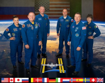 The Expedition 42 crew, from left, consists of Yelena Serova, Barry "Butch" Wilmore, Aleksandr Samokutyayev and Soyuz TMA-15M new arrivals Anton Shkaplerov, Terry Virts and Samantha Cristoforetti. Photo Credit: NASA