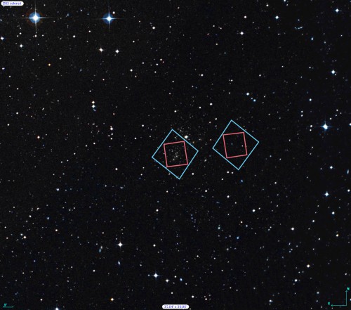 The locations of Hubble’s observations of the Abell 2744 galaxy cluster (left) and the adjacent parallel field (right) are plotted over a Digitized Sky Survey (DSS) image. The blue boxes outline the regions of Hubble’s visible-light observations, and the red boxes indicate areas of Hubble’s infrared-light observations. A scale bar in the lower left corner of the image indicates the size of the image on the sky. The scale bar corresponds to approximately 1/30th the apparent width of the full Moon as seen from Earth. Image Credit: Digitized Sky Survey (STScI/NASA) and Z. Levay (STScI).