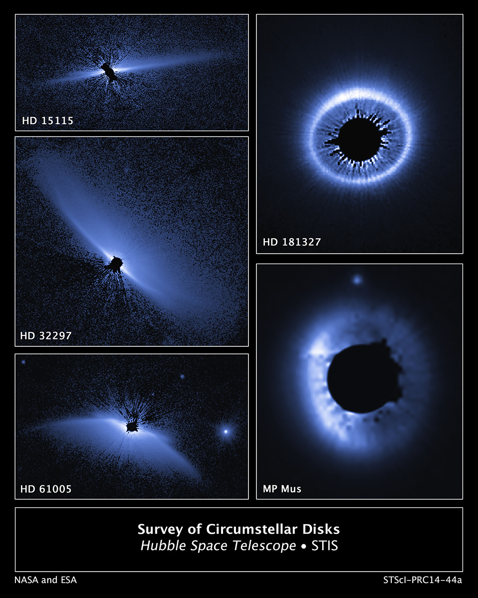 A set of high-resolution images of the vast circumstellar debris disks around eleven nearby young stars that were obtained with the Hubble Space Telescope, have helped astronomers to study their complex and dynamic structure for the first time in great detail. This visible-light survey, called HST/GO 12228, was done with Hubble's Space Telescope Imaging Spectrograph (STIS), blocking out the light from the host stars so that the very faint reflected light from the dust structures could be seen. The images have been artificially colored to enhance detail. Image Credit: NASA, ESA, G. Schneider (University of Arizona), and the HST/GO 12228 Team