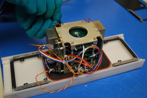 An ion/neutralized mass spectrometer developed for two different CubeSat missions, including Dellingr. Image Credit: NASA Goddard/Marcello Rodriguez