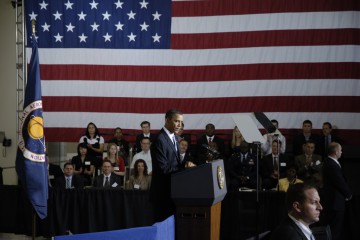 President Barack Obama makes his remarks on future U.S. Space Policy at the Operations and Checkout Building at the Kennedy Space Center (KSC), Fla., on 15 April 2010. Photo Credit: Matt Travis