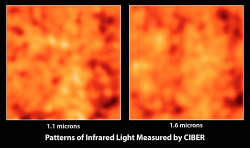 CIBER images showing large patches of the sky at two different wavelengths (1.1 microns and 1.6 microns). The light from other bright stars and galaxies has already been removed, leaving only the background infrared light. Image Credit: NASA/JPL-Caltech