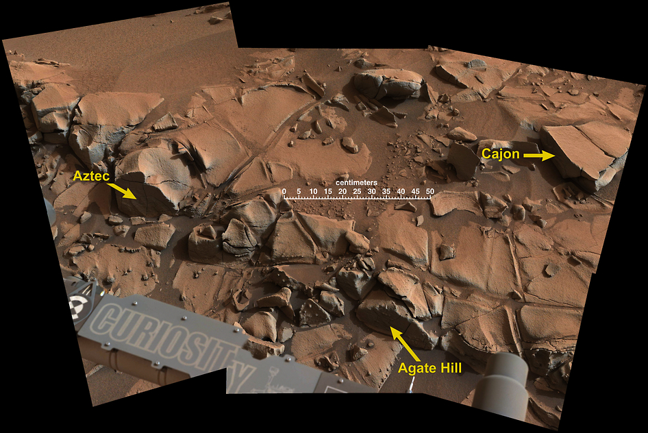 This view from the Mast Camera (Mastcam) on NASA's Curiosity Mars rover shows a swath of bedrock called "Alexander Hills," which the rover approached for close-up inspection of selected targets.   Credit: NASA/JPL-Caltech/MSSS