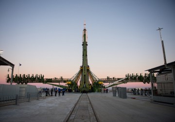 The Soyuz-FG booster, bearing the Soyuz TMA-15M spacecraft, is raised the vertical after rollout on Friday, 21 November. Photo Credit: NASA