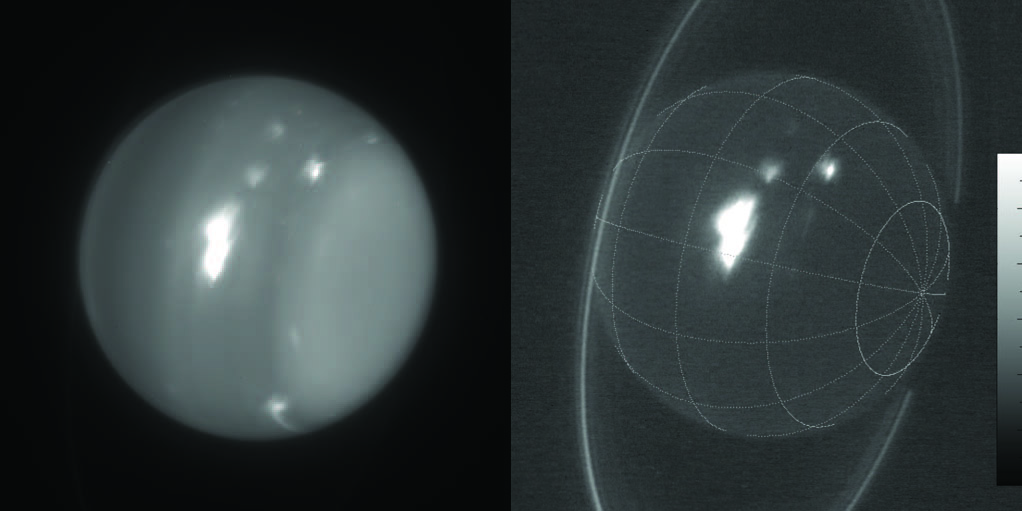 Infrared images of Uranus at wavelengths of 1.6 (left) and 2.2 microns (right), that were obtained on Aug. 6, with the Adaptive Optics system on the 10-meter Keck II telescope on Mauna Kea in Hawaii. The white spot is an extremely large storm that was brighter than any feature ever recorded on the planet in these wavelengths. The cloud at the lower-right limb of the planet, grew into the large storm that was seen by amateur astronomers at visible wavelengths. Image Credit: Imke de Pater (UC Berkeley) & Keck Observatory images