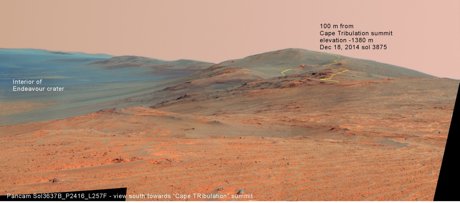 NASA Opportunity rovers current location near the summit of Cape Tribulation in late Dec 2014 on Sol 3875 is shown in this prior panoramic view looking south along the rim of Endeavour crater. It is centered on the highest part of the rim of Cape Tribulation. It was acquired back on sol 3767 and shows the subsequent traverse of Opportunity as a yellow line. Note that Opportunities traverse drops out of view periodically as it negotiates valleys between ridges.  Credit: NASA/JPL/Cornell/NMMNHS/Larry Crumpler