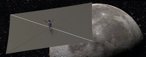 An artist's concept of NASA's Lunar Flashlight CubeSat on course towards the Moon, after having deployed its 80 square meter-long solar sail. Lunar Flashlight will be one of the 11 CubeSats that will fly on the first SLS flight. Image Credit: B. Cohen/R. Staehle/NASA