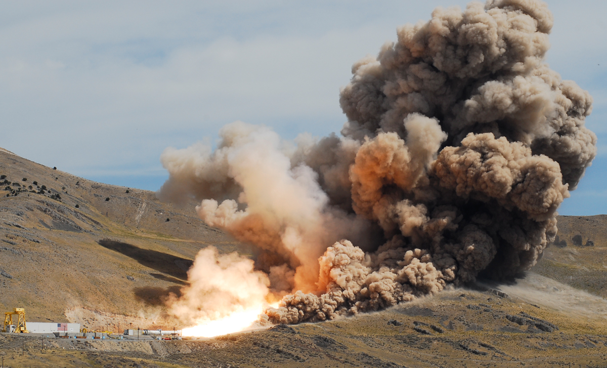 File photo of ATK's five-segment DM-1 test fire at the company's testing grounds in Promontory, Utah, Sep. 10, 2009. Photo Credit: ATK