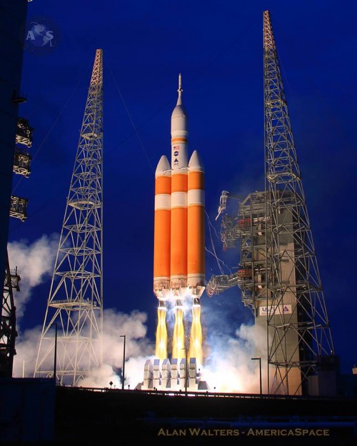 NASSAs Orion spacecraft launching on its first orbital flight test, EFT-1, atop a ULA Delta-IV Heavy in Dec. 2014. Photo Credit: Alan Walters/AmericaSpace