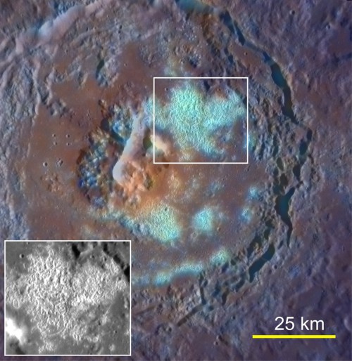 Hollows inside the 97 km-wide crater Tyagaraja. 