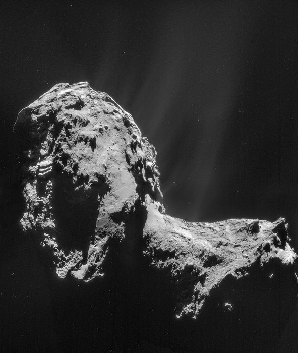 Comet 67P/Churyumov-Gerasimenko on 20 Novembe 2014.  This mosaic comprises four individual NAVCAM images taken from 30.8 km from the centre of Comet 67P/Churyumov-Gerasimenko on 20 November 2014.  Credit: ESA/Rosetta/NAVCAM – CC BY-SA IGO 3.0