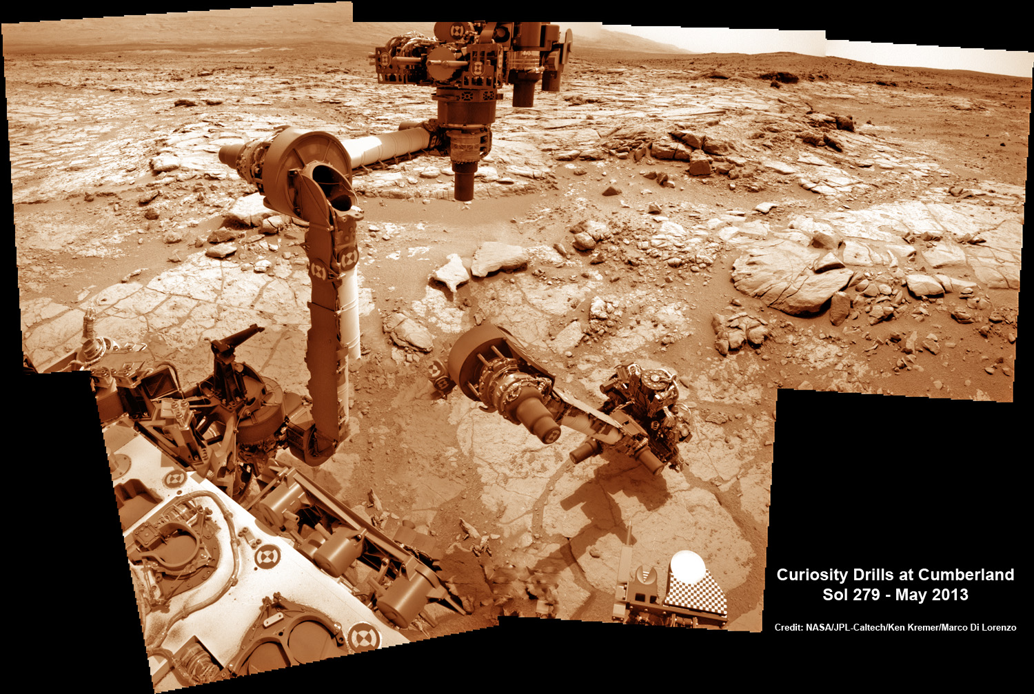 This time lapse mosaic shows Curiosity maneuvering the robotic arm to drill into her 2nd rock target named “Cumberland” to collect powdery Martian material on May 19, 2013 (Sol 279) for analysis by her onboard chemistry labs; SAM & Chemin. The photo mosaic was stitched from raw images captured by the navcam cameras on May 14 & May 19 (Sols 274 & 279). Credit: NASA/JPL-Caltech/Ken Kremer/Marco Di Lorenzo