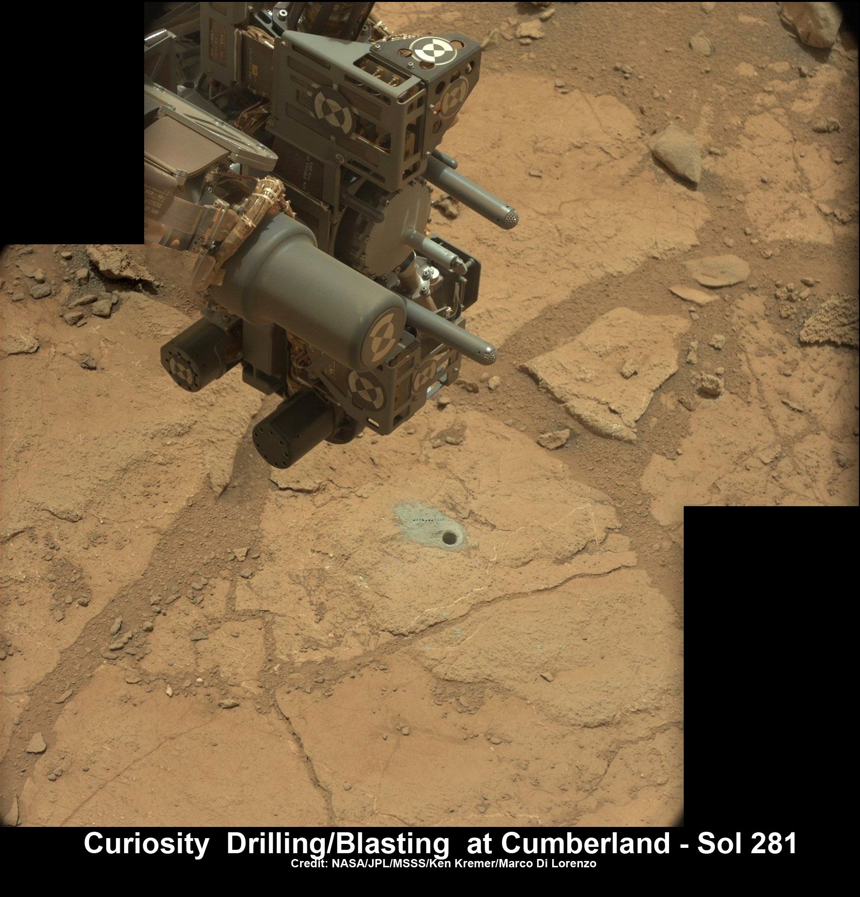 Curiosity’s hi tech ‘hand’ and percussion drill hovers above 2nd bore hole at Cumberland mudstone rock after penetrating laser blasting to expose chemical composition and unlock secrets of ancient flow of Martian water. Note the row of small pits next to the 0.6 inch (16 mm) diameter hole. Photo mosaic assembled from high resolution Mastcam images on May 21, 2013, Sol 281. Credit: NASA/JPL-Caltech/MSSS/Ken Kremer (kenkremer.com)/Marco Di Lorenzo