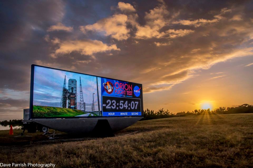 The new Kennedy Space Center Press Site countdown clock in action for the recent launch of NASA's Orion crew capsule on the EFT-1 mission. Photo Credit: Dave Parrish / AmericaSpace