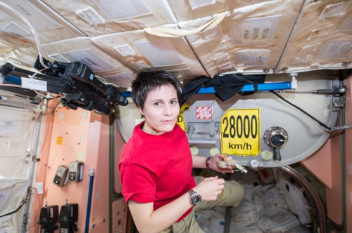Italian astronaut Samantha Cristoforetti is seen inside the Unity node of the International Space Station.