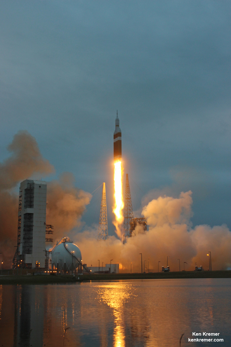 Orion - The Deep Space pillar of NASA’s multipronged Human Spaceflight strategy.   NASA’s first Orion spacecraft blasts off at 7:05 a.m. atop United Launch Alliance Delta 4 Heavy Booster at Space Launch Complex 37 (SLC-37) at Cape Canaveral Air Force Station in Florida on Dec. 5, 2014.   Launch pad remote camera view.   Credit: Ken Kremer - kenkremer.com