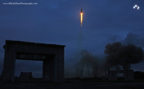 The launch of Orion's Exploration Flight Test (EFT)-1 mission in December 2014, as seen from the site of the Apollo 1 fire at Pad 34. Photo Credit: Mike Killian/AmericaSpace