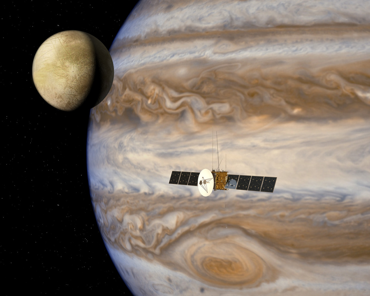 Artist's concept of the JUpiter ICy moons Explorer mission, or JUICE, which is scheduled for launch in 2022. The mission recently passed a major milestone in its development, by being granted approval by ESA to advance towards implementation. Image Credit: ESA/AOES