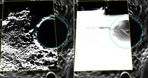A wide-angle camera image of Kandinsky crater, near Mercury’s north pole, which contains water ice. The original broadband image is on the left (outlined in yellow), and the brightness and contrast-enhanced version is on the right. Image Credit: NASA/Johns Hopkins University Applied Physics Laboratory/Carnegie Institution of Washington