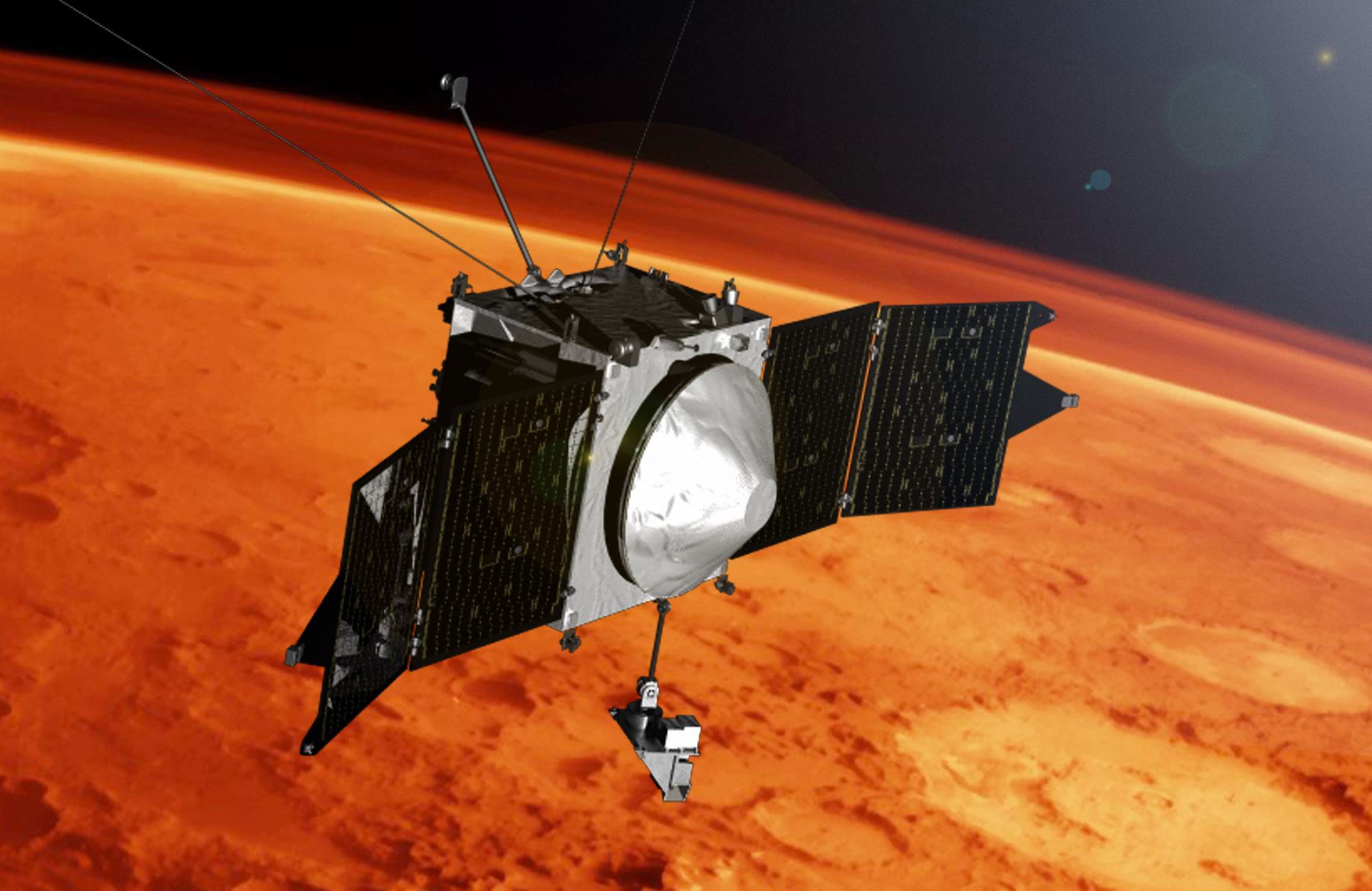 NASA’s MAVEN orbiter is the first mission devoted to observing the tenuous upper atmosphere of Mars to help understand radical climate change on the planet. Credit: NASA Goddard Space Flight Center