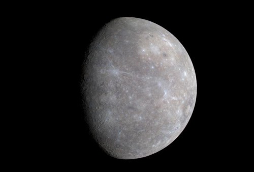 An enchanced-color image of Mercury taken by MESSENGER, following its first flyby of the planet in January 2008.