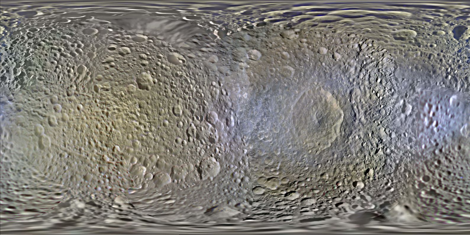 A high-resolution color global map of Saturn's moon Mimas, based on imaging data from NASA's Cassini spacecraft. A set of new global maps of Saturn's largest icy moons reveal the latters' landscapes in unprecedented detail. Image Credit: NASA/JPL-Caltech/SSI/LPI