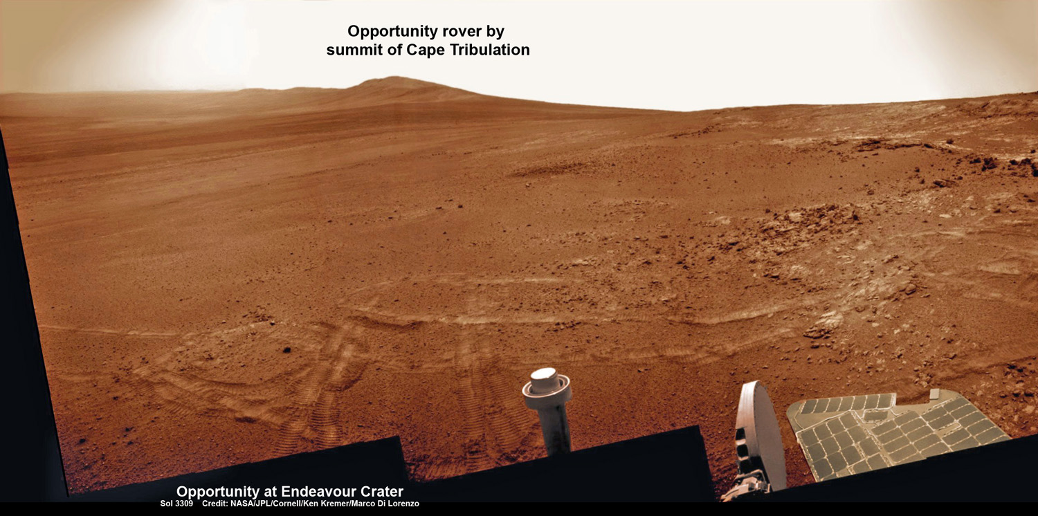 Opportunity rovers current location by the summit of Cape Tribulation in late Dec. 2014 on Sol 3884 is shown in this prior panoramic navcam mosaic view looking south along the rim of Endeavour crater on Sol 3309 on May 15, 2013, where she discovered clay minerals at Esperance rock at Cape York. Credit: NASA/JPL/Cornell/ Ken Kremer - kenkremer.com/ Marco Di Lorenzo
