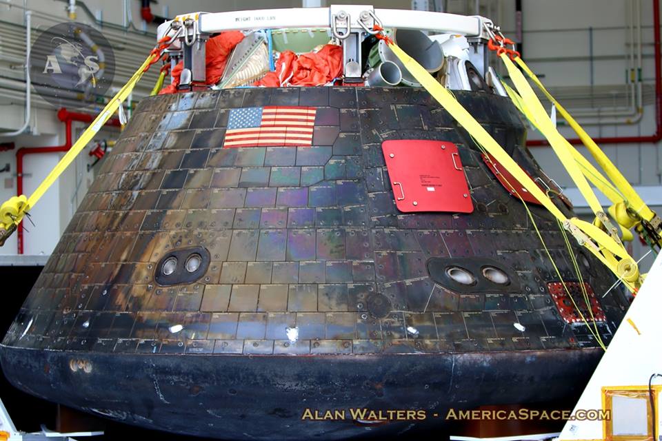 Close-up perspective of the Back Shell and tile configuration on the EFT-1 Orion Crew Module (CM). Photo Credit: Alan Walters / AmericaSpace