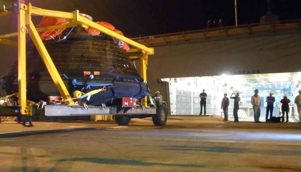 Orion, now aboard a vehicle, is readied for its next journey: Back to NASA's Kennedy Space Center. Photo Credit: Francis French