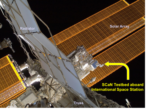 The image shows the location of the Space Communications and Navigations Testbed on the exterior of the International Space Station. The flexible radio system would allow for changes to the radio software after launch, including increasing data flow and resolving problems. Image Credit: NASA