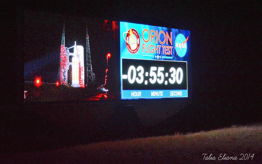 The new KSC Press Site countdown clock counting down the final few hours to liftoff of Orion on EFT-1. Photo Credit: Talia Landman / AmericaSpace