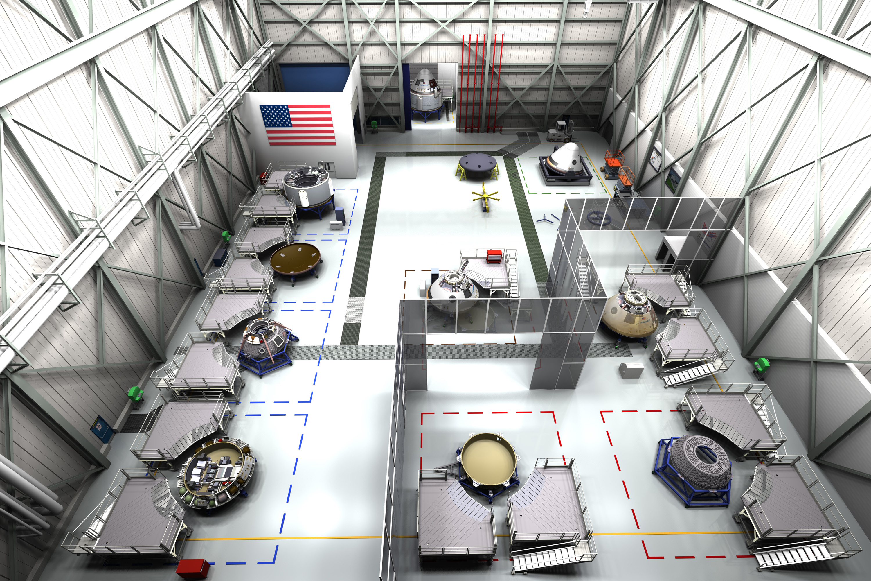 Concept of the floor of the CST-100 assembly facility that Boeing envisions at Kennedy Space Center.  Credit:  Boeing