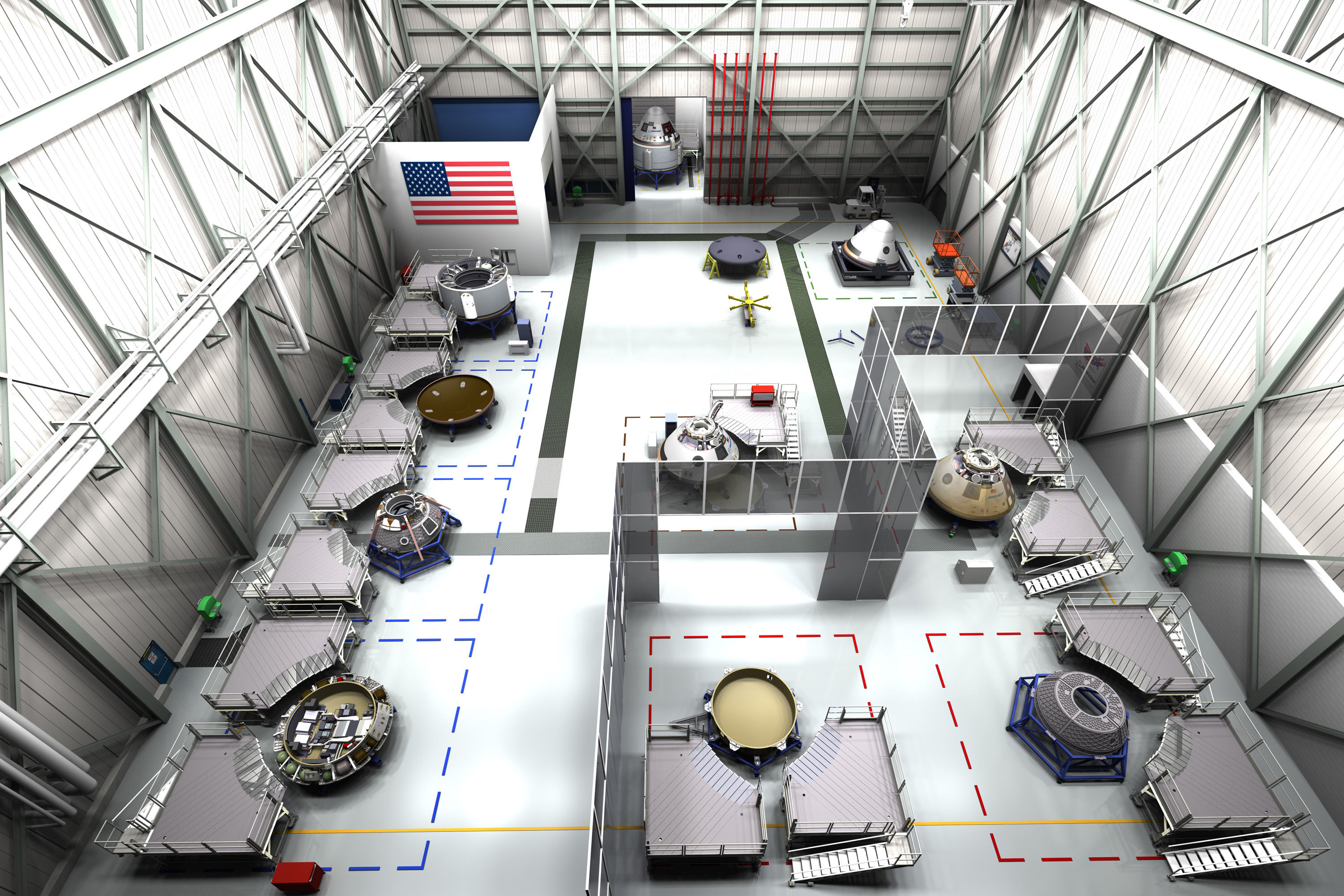Concept of the floor of the CST-100 assembly facility that Boeing envisions at Kennedy Space Center. Credit: Boeing