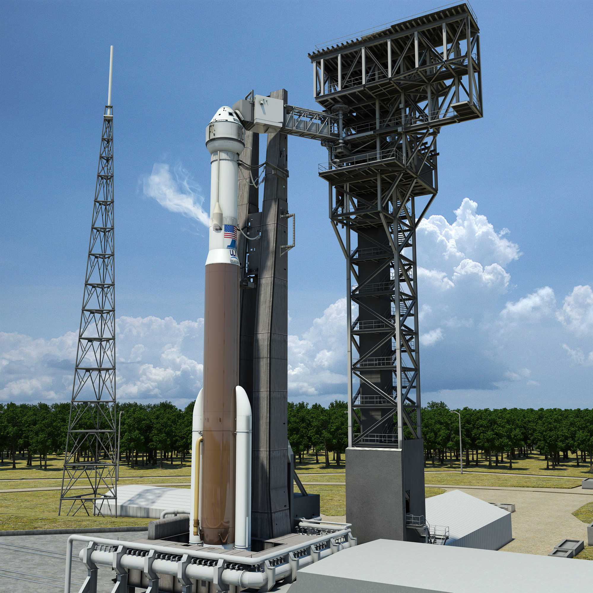 Artist’s concept of Boeing’s CST-100 space taxi ready for liftoff atop a man rated ULA Atlas-V rocket showing new crew access tower and arm at Space Launch Complex 41, Cape Canaveral Air Force Station, Fl. Credit: ULA