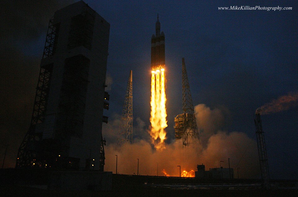 Haunting view of the trio of RS-68 plumes punctuating the dawn sky of Cape Canaveral, heralding the dawn of a new era. Photo Credit: Mike Killian/AmericaSpace