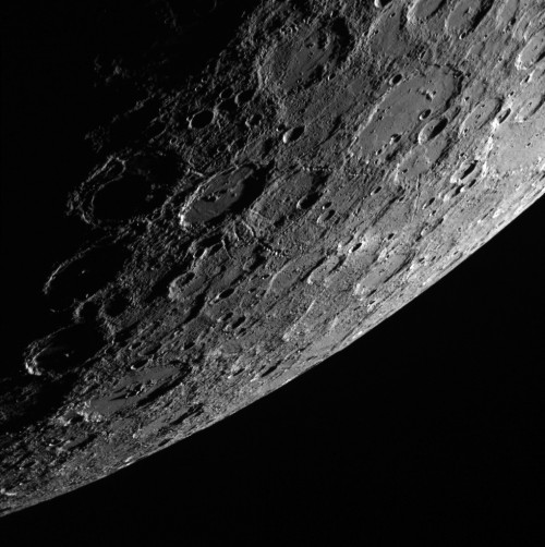 Wide angle camera view of Mercury, with the camera looking from the planet's terminator toward its sunlit side.