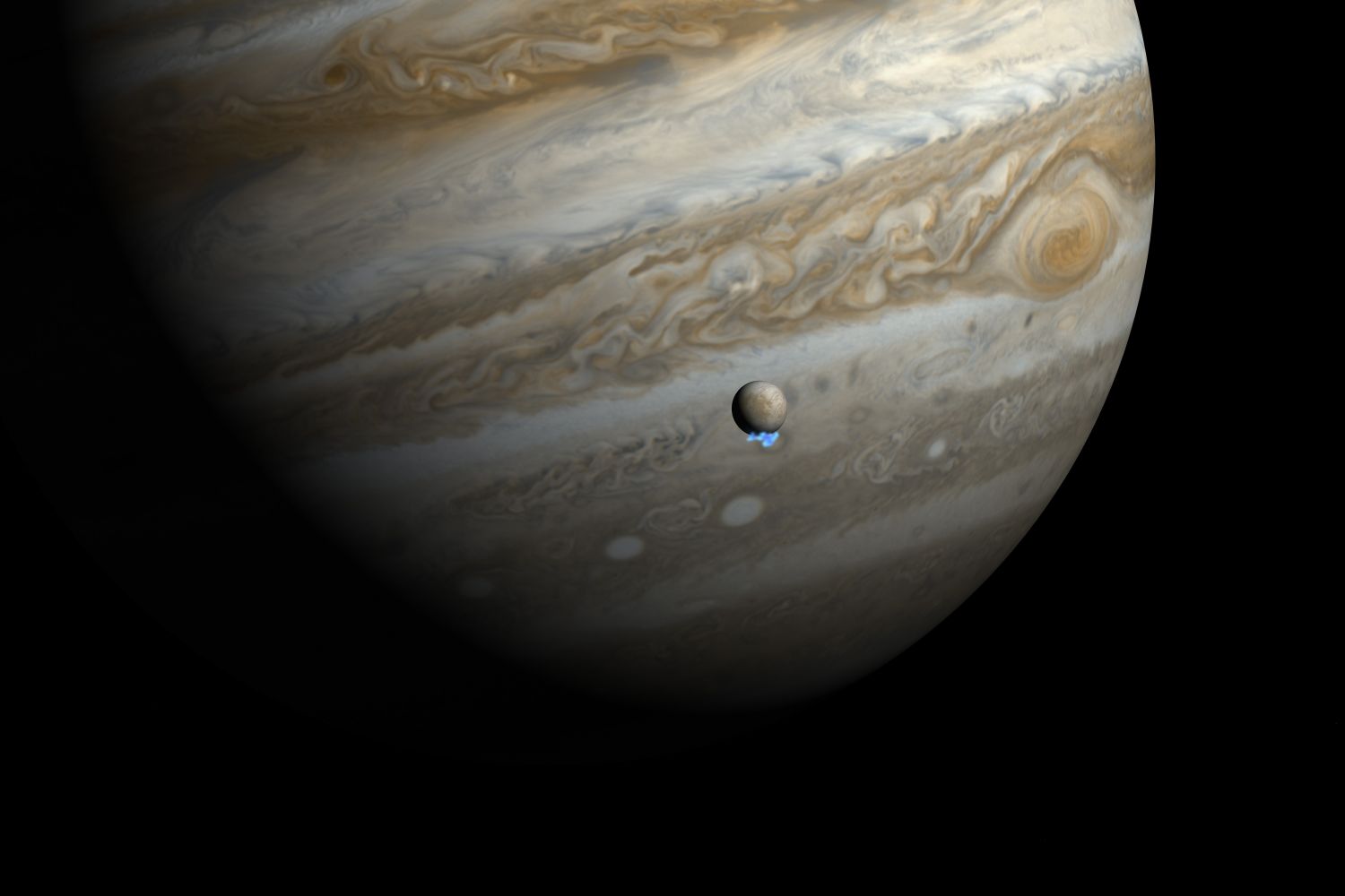 An artist's impression of Jupiter and its moon Europa, based on actual visible light images. Last year, a team of astronomers using the Hubble Space Telescope, had reported the detection of signs of water vapour being vented off Europa's south pole. A new study comes to challenge this interpretation, by presenting evidence that Europa's geophysical activity might not be as geophysically active as previously thought. Image Credit: NASA, ESA, and M. Kornmesser