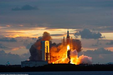 The high concentrations of hydrogen dumped through the engine exhausts produced a disconcerting fireball at the instant of liftoff. It is a characteristic of the Delta IV, looks alarming, but is entirely nominal. Photo Credit: Alex Polimeni/AmericaSpace