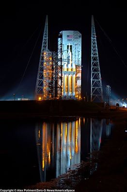 Wednesday night's rollback of the Mobile Service Tower (MST) exposed the Delta IV Heavy/Orion/LAS stack to the elements and the photographers' cameras for the first time. Photo Credit: Alex Polimeni/AmericaSpace
