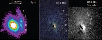 Left: An image of NGC 3226 taken in infrared wavelengths with the Spitzer space telescope, showing a series of blobs of partially ionized hydrogen, at the base of the large narrow filament that was found to extend from the galaxy's center. Center: An image of the same region taken with the Hubble telescope in H-alpha light. Right: The same H-alpha light image smoothed to bring out the fainter extended emission. In addition to the ionized hydrogen regions, significant extended emission is seen, as well as strong dust absorption to the south of the nucleus. Image Credit: Appleton et al. (ApJ Oct 2014)