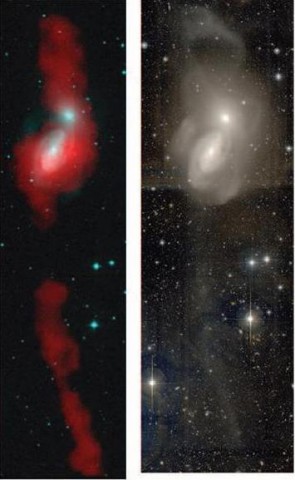 Left: The large-scale neutral hydrogen emission (red) superimposed on a deep optical image of NGC 3226. The figure shows the large scale of the neutral hydrogen plumes, suggesting that the members of Arp 94 have interacted tidally in the past. Composite image of the Arp94 system in visible light,  rendered with an arcsinh stretch to bring out the faint structure. The image, matched in scale to the left image, shows evidence of considerable tidal debris, including shells and ripples. The southern hydrogen plume appears to have a faint stellar counterpart, whereas the northern filament is less correlated with the faint optical light. Image Credit: Appleton et al. (ApJ Oct 2014)