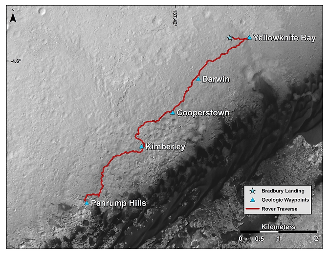 Curiosity Mars Rover's Route from Landing to Base of Mount Sharp. This map shows the route driven by NASA's Curiosity Mars rover from the location where it landed in August 2012 to the "Pahrump Hills" outcrop, which is part of the basal layer of Mount Sharp.  The traverse line covers drives completed through the 817th Martian day, or sol, of Curiosity's work on Mars (Nov. 23, 2014).   Credit: NASA/JPL-Caltech/Univ. of Arizona
