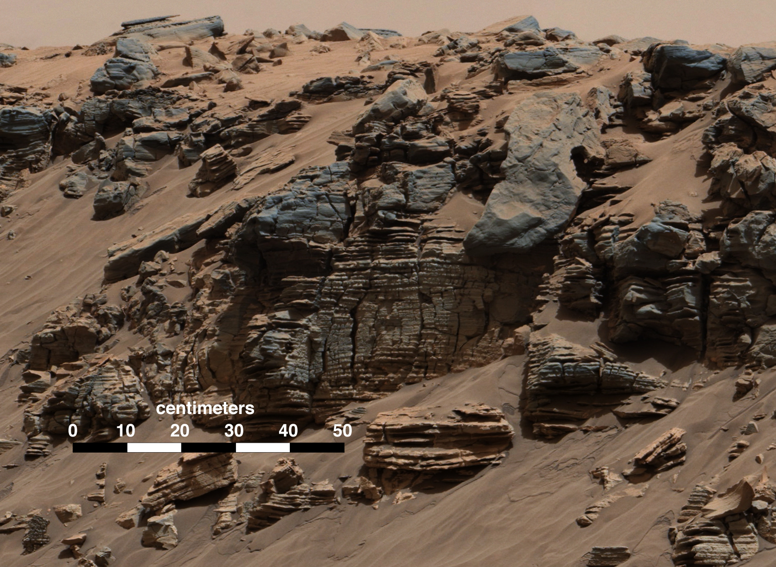 Sedimentary Signs of a Martian Lakebed.  This evenly layered rock photographed by the Mast Camera (Mastcam) on NASA's Curiosity Mars Rover on Aug. 7, 2014, shows a pattern typical of a lake-floor sedimentary deposit not far from where flowing water entered a lake. The scene combines multiple frames taken with Mastcam's right-eye camera on Aug. 7, 2014, during the 712th Martian day, or sol, of Curiosity's work on Mars. It shows an outcrop at the edge of "Hidden Valley," seen from the valley floor.  Credit:  NASA/JPL-Caltech/MSSS