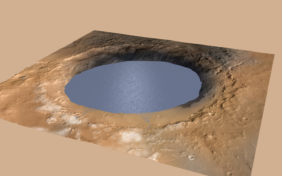 Simulated View of Gale Crater Lake on Mars.  This illustration depicts a lake of water partially filling Mars' Gale Crater, receiving runoff from snow melting on the crater's northern rim.   Credit: NASA/JPL-Caltech/ESA/DLR/FU Berlin/MSSS   