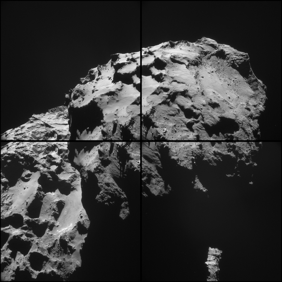 This mosaic of images from the navigation camera on the European Space Agency's Rosetta spacecraft shows the nucleus of comet 67P/Churyumov-Gerasimenko as it appeared at 5 a.m. UTC on Dec. 17, 2014 (9 p.m. PST on Dec. 16).   Credit:   ESA/Rosetta/NAVCAM
