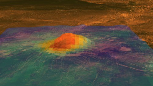 Heat patterns derived from surface brightness data of the volcanic mountain peak Idunn Mons, one of the bright hot spots on Venus that were identified with the Visible and InfraRed Thermal Imaging Spectrometer onboard Venus Express. The warmest area is centered on the summit, which stands about 2.5 kilometers above the surrounding plains and the bright flows that originate there. Image Credit: ESA/NASA/JPL