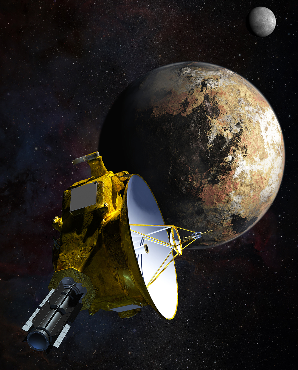 Artist’s concept of NASA’s New Horizons spacecraft as it passes by Pluto and its largest moon, Charon, in July 2015. Following its wake-up call from its hibernation late last year, the spacecraft has just entered the first leg of its approach phase to the Pluto system. Image Credit: NASA/JHU APL/SwRI/Steve Gribben