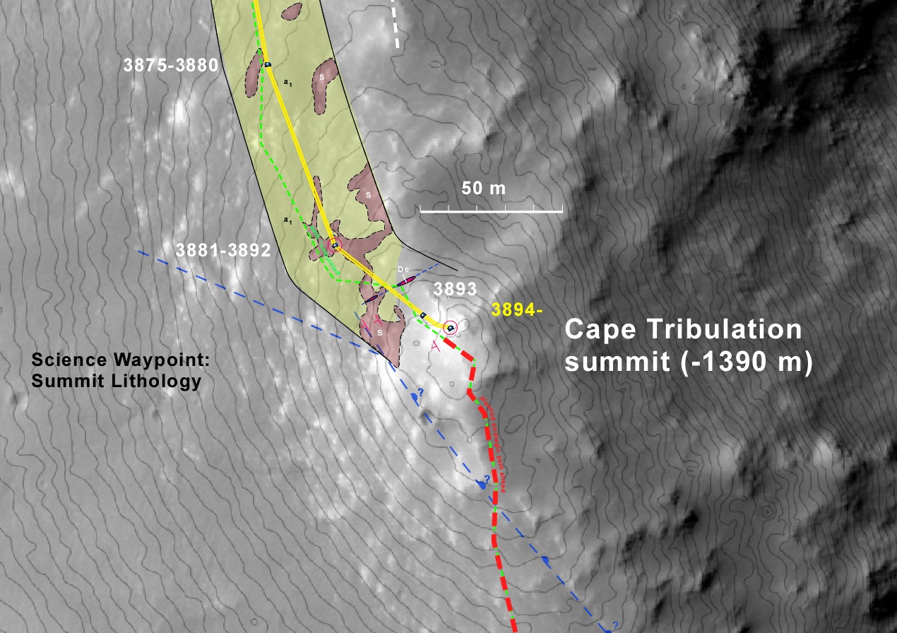 Latest map showing the location on the local summit (1 m contours) and the geology up to this location at Cape Tribulation in Jan 2015. Credit: Larry Crumpler/ NMMNHS /NASA/JPL
