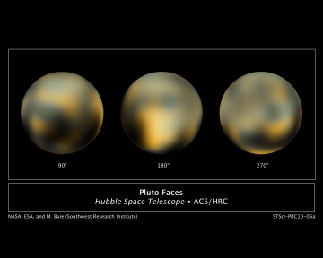 The most detailed view to date of the entire surface of Pluto, as constructed from multiple images taken with the Hubble Space Telescope between 2002 and 2003. By mid-May, the images that will be returned by New Horizons will exceed those of Hubble, providing us with our first detailed views of a completely unknown world. Image Credit: NASA, ESA, and M. Buie (Southwest Research Institute)