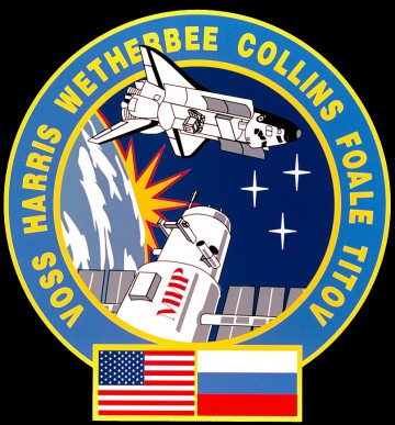 The STS-63 crew patch, bordered by the surnames of the six crew members, highlighted the Mir rendezvous commitment. Image Credit: NASA